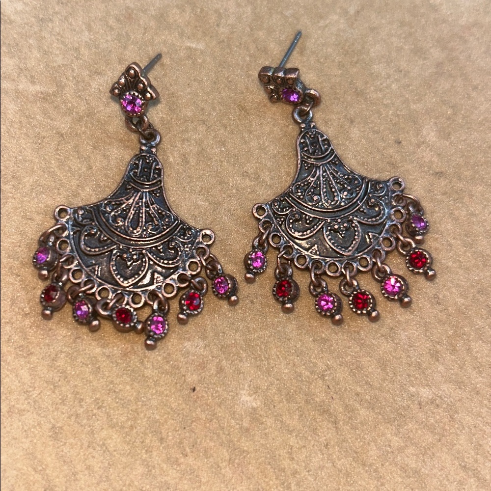 Chandelier Earrings with Red and Pink Accents